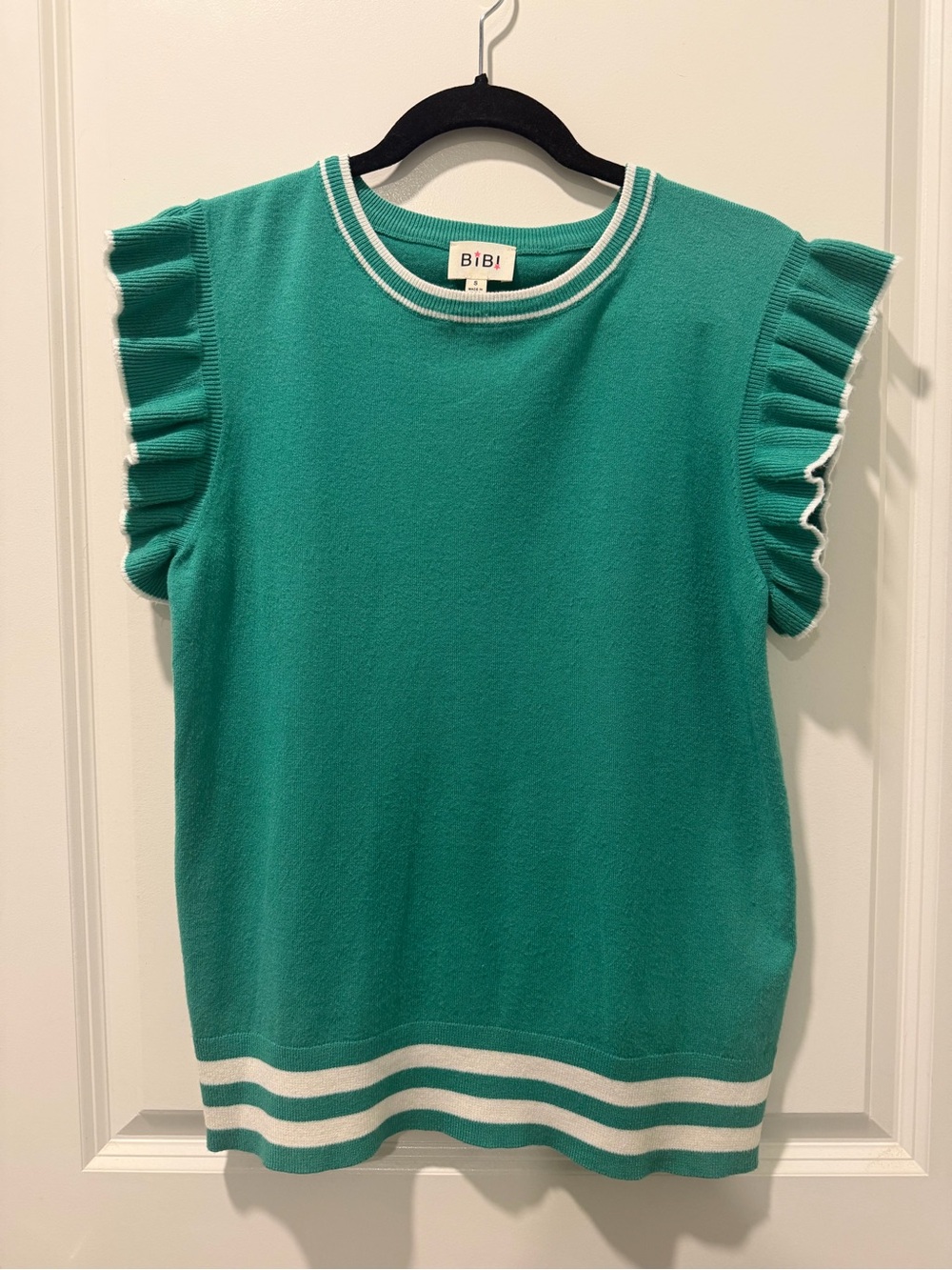 BiBi Teal Ruffle-Sleeve Knit Tank with White Trim